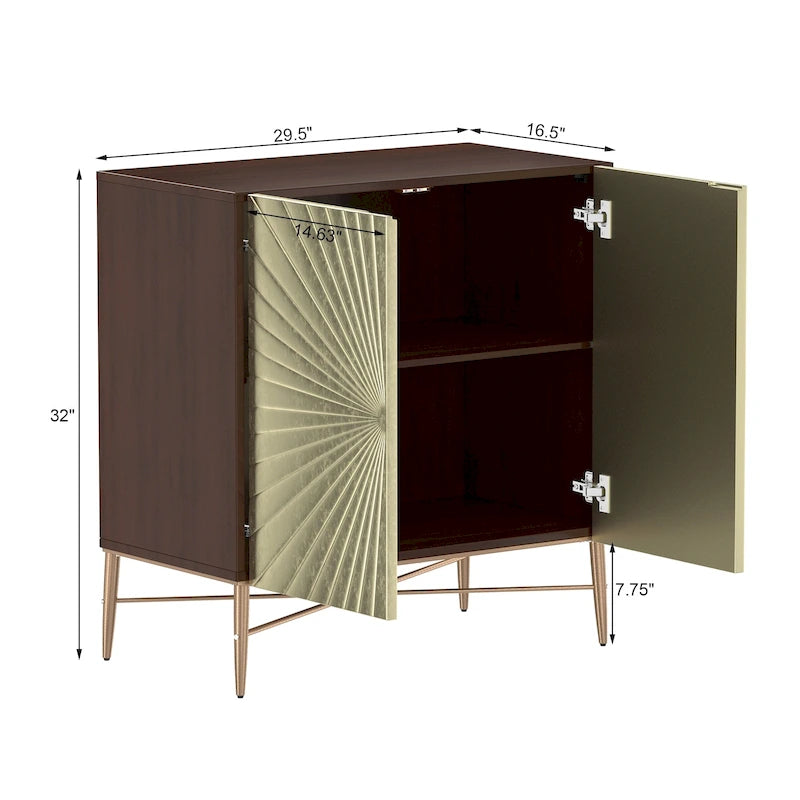 2-Door Vintage Accent Cabinet with Geometric Pattern and Gold Legs