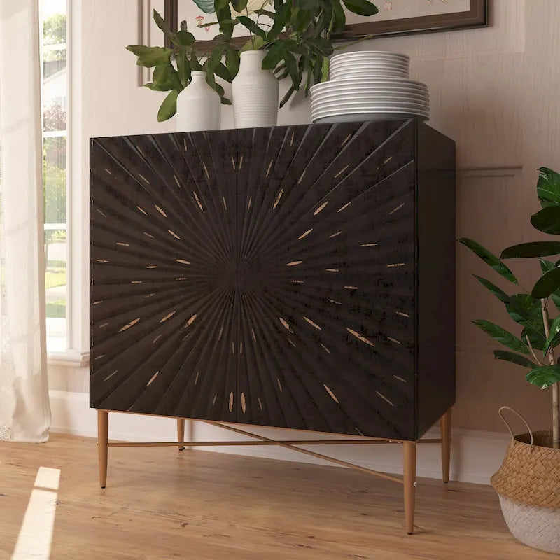 2-Door Vintage Accent Cabinet with Geometric Pattern and Gold Legs