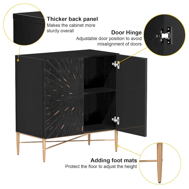 2-Door Vintage Accent Cabinet with Geometric Pattern and Gold Legs