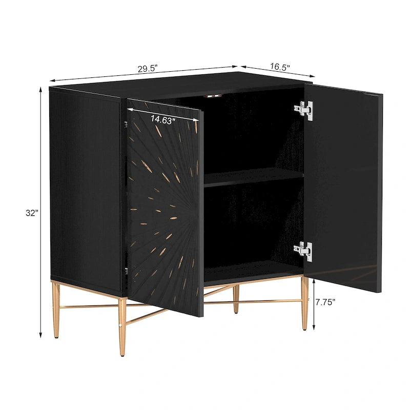 2-Door Vintage Accent Cabinet with Geometric Pattern and Gold Legs