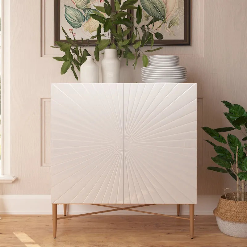 2-Door Vintage Accent Cabinet with Geometric Pattern and Gold Legs