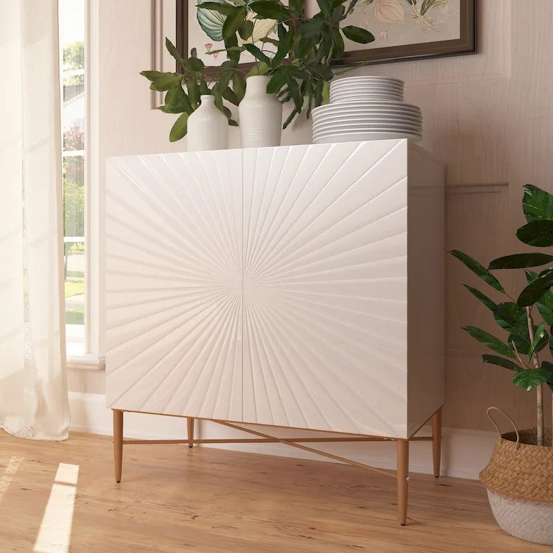 2-Door Vintage Accent Cabinet with Geometric Pattern and Gold Legs