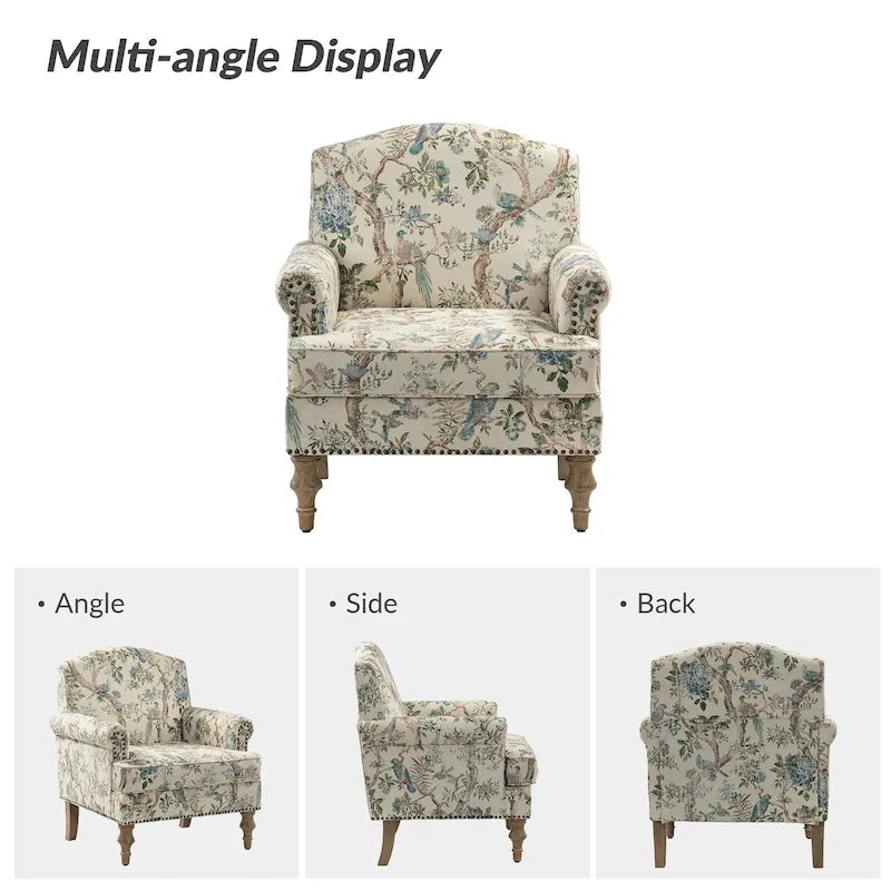 Farmhouse Linen Armchair with Solid Wood Legs – Wide Seat Accent Chair