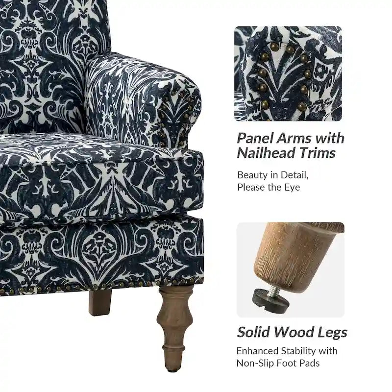 Farmhouse Linen Armchair with Solid Wood Legs – Wide Seat Accent Chair