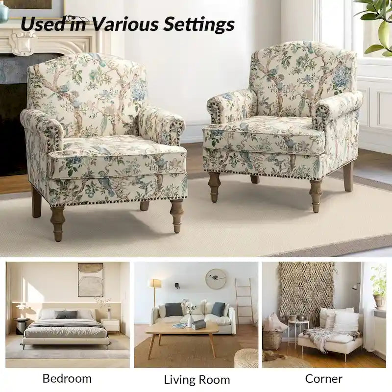 Farmhouse Linen Armchair with Solid Wood Legs – Wide Seat Accent Chair