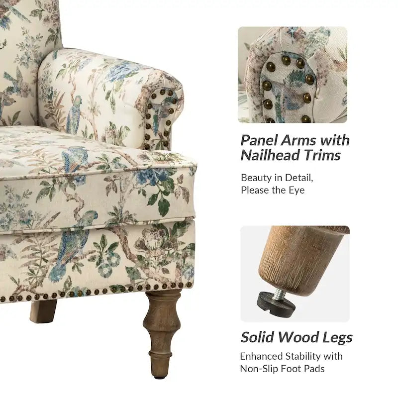 Farmhouse Linen Armchair with Solid Wood Legs – Wide Seat Accent Chair