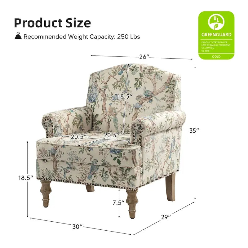 Farmhouse Linen Armchair with Solid Wood Legs – Wide Seat Accent Chair
