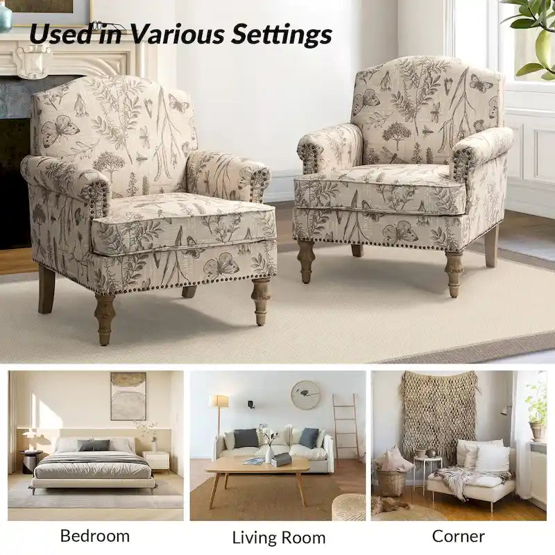 Farmhouse Linen Armchair with Solid Wood Legs – Wide Seat Accent Chair