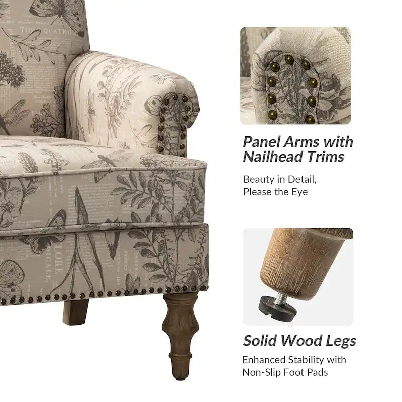 Farmhouse Linen Armchair with Solid Wood Legs – Wide Seat Accent Chair