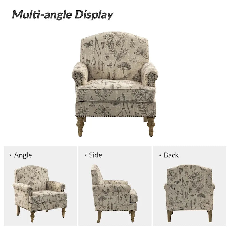 Farmhouse Linen Armchair with Solid Wood Legs – Wide Seat Accent Chair