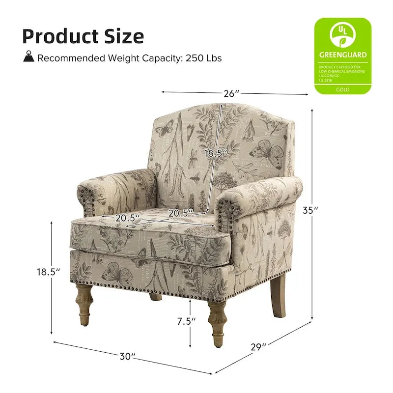 Farmhouse Linen Armchair with Solid Wood Legs – Wide Seat Accent Chair