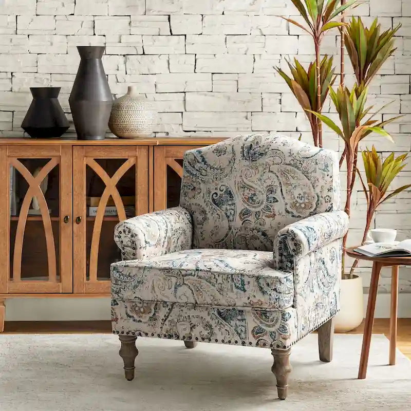 Farmhouse Linen Armchair with Solid Wood Legs – Wide Seat Accent Chair