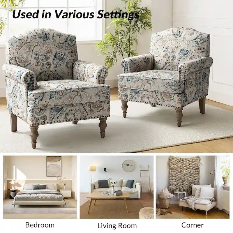 Farmhouse Linen Armchair with Solid Wood Legs – Wide Seat Accent Chair