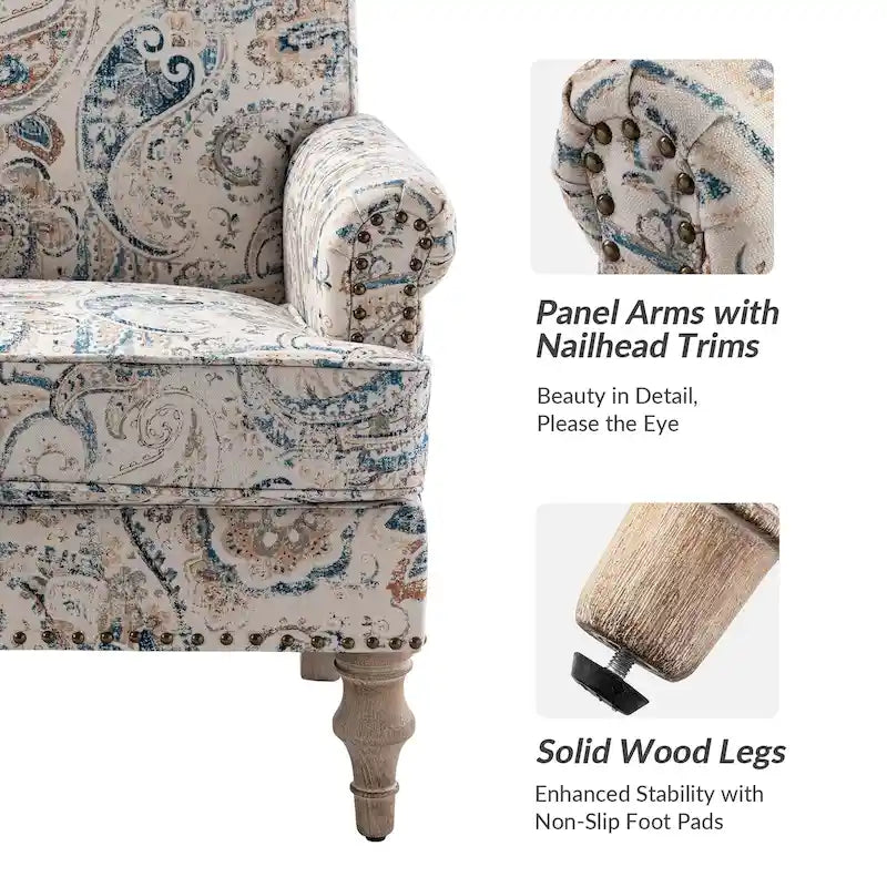 Farmhouse Linen Armchair with Solid Wood Legs – Wide Seat Accent Chair
