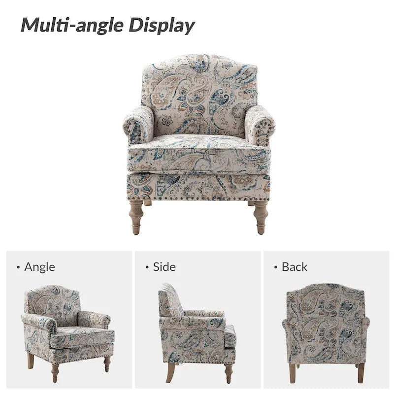 Farmhouse Linen Armchair with Solid Wood Legs – Wide Seat Accent Chair