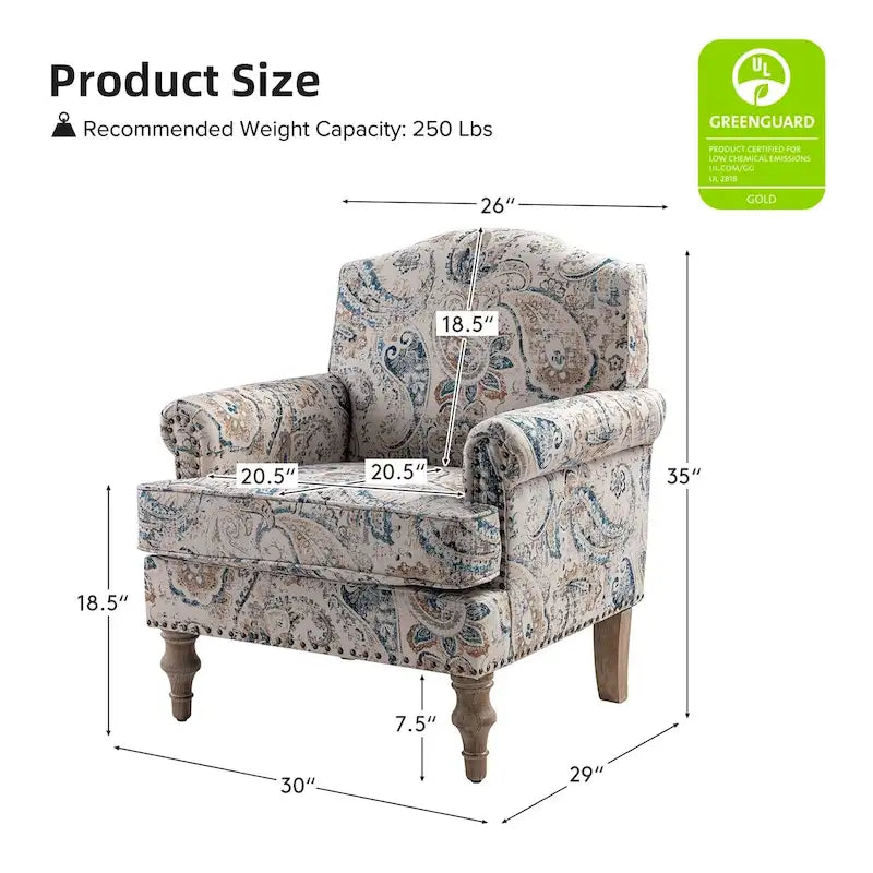 Farmhouse Linen Armchair with Solid Wood Legs – Wide Seat Accent Chair