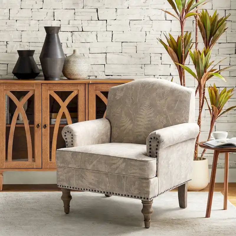 Farmhouse Linen Armchair with Solid Wood Legs – Wide Seat Accent Chair