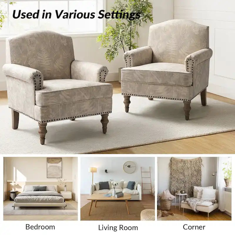 Farmhouse Linen Armchair with Solid Wood Legs – Wide Seat Accent Chair