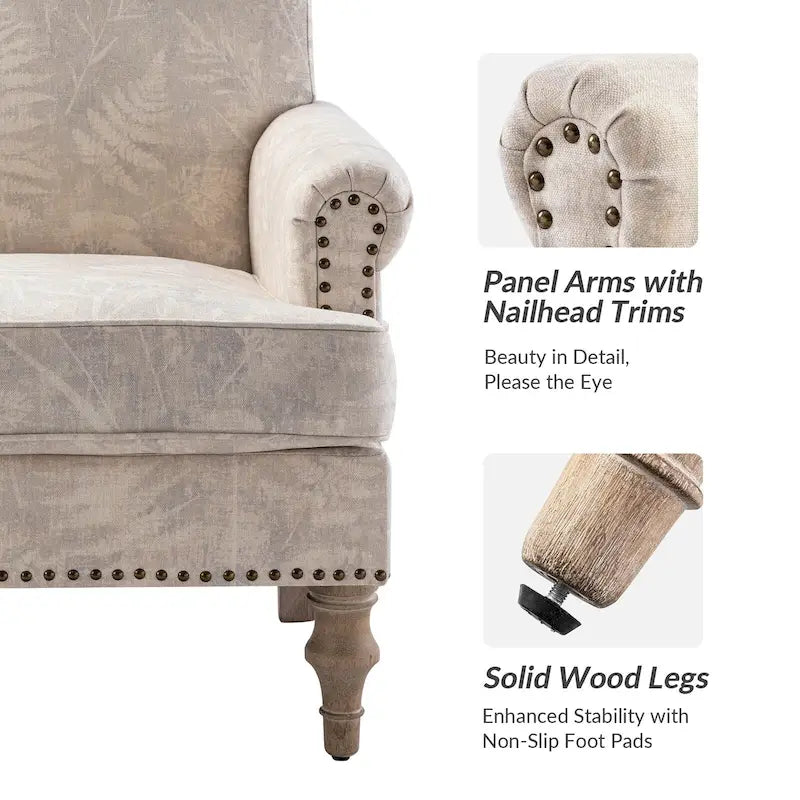 Farmhouse Linen Armchair with Solid Wood Legs – Wide Seat Accent Chair
