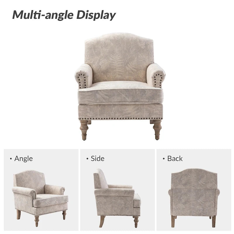Farmhouse Linen Armchair with Solid Wood Legs – Wide Seat Accent Chair