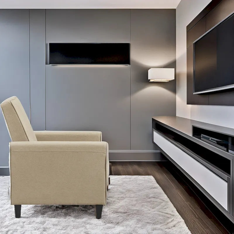 Πολυθρόνα home theater με ανάκλιση και μηχανισμό pushback - συμπαγής ανακλινόμενη πολυθρόνα με μπράτσο και ρυθμιζόμενο υποπόδιο, ιδανική για μικρούς χώρους