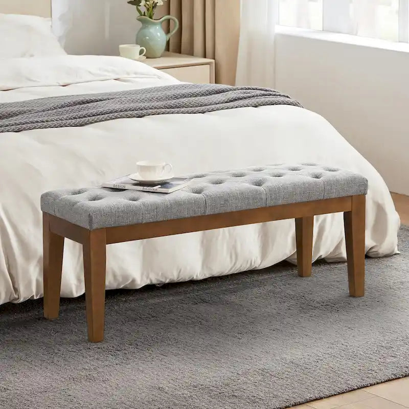 Banco con botones capitoné para el pie de cama, banco para recibidor Beige/ Negro/ Marrón de madera maciza, cuero y tela de 44 pulgadas