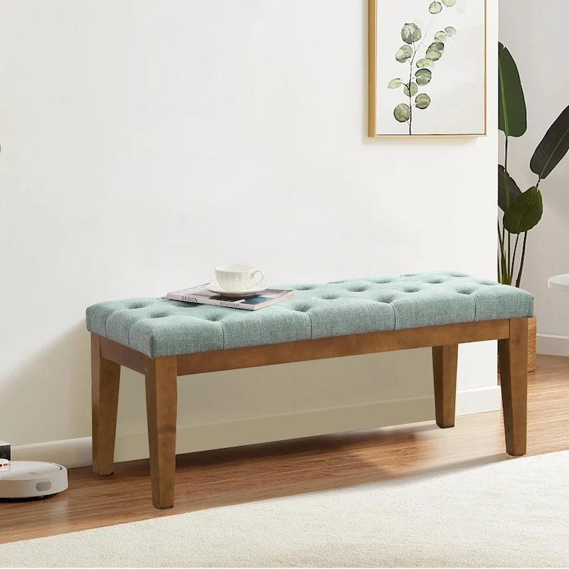 Banco con botones capitoné para el pie de cama, banco para recibidor Beige/ Negro/ Marrón de madera maciza, cuero y tela de 44 pulgadas