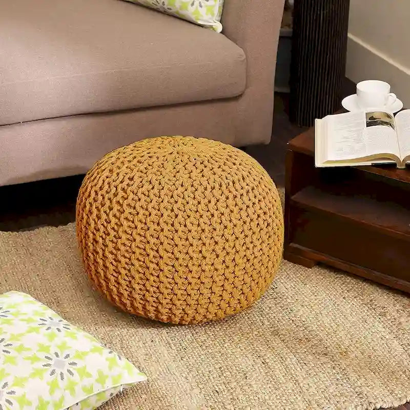Puf tejido a mano de algodón con cordón trenzado, otomana - reposapiés - asiento decorativo tipo puf - mueble para sala y niños - 18x18x14