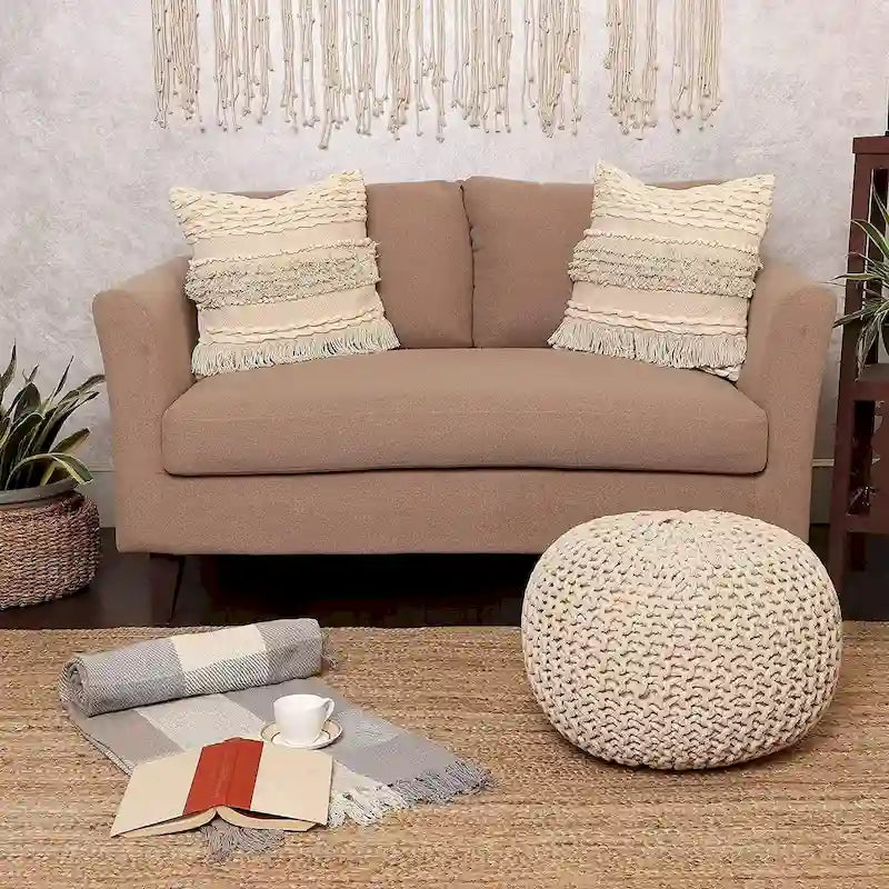 Puf tejido a mano de algodón con cordón trenzado, otomana - reposapiés - asiento decorativo tipo puf - mueble para sala y niños - 18x18x14
