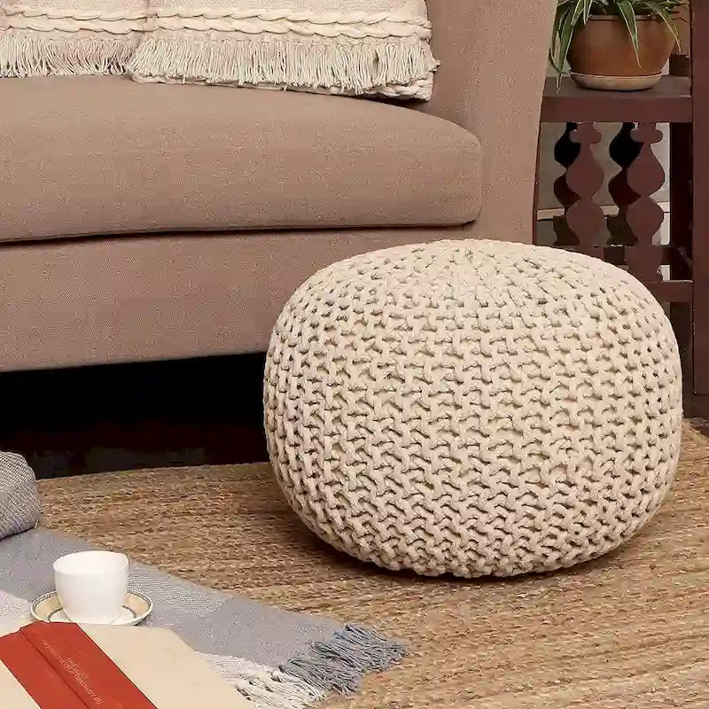 Puf tejido a mano de algodón con cordón trenzado, otomana - reposapiés - asiento decorativo tipo puf - mueble para sala y niños - 18x18x14