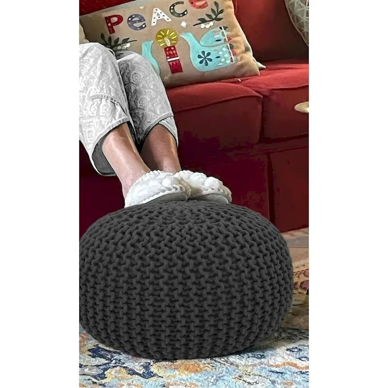 Puf tejido a mano de algodón con cordón trenzado, otomana - reposapiés - asiento decorativo tipo puf - mueble para sala y niños - 18x18x14