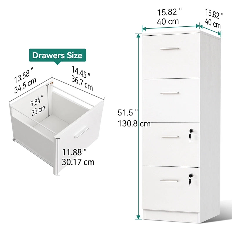 Archivador vertical con cerradura de 4 cajones para oficina en casa - blanco de 51 pulgadas