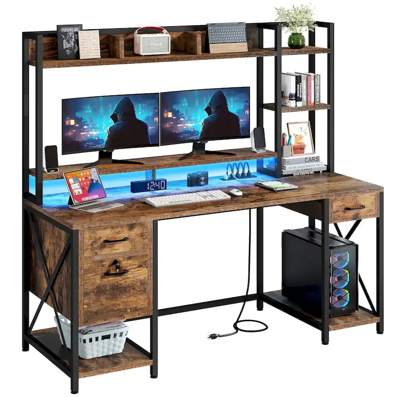 Escritorio gaming de 59 pulgadas con estantería superior, librero, 3 cajones e iluminación LED RGB