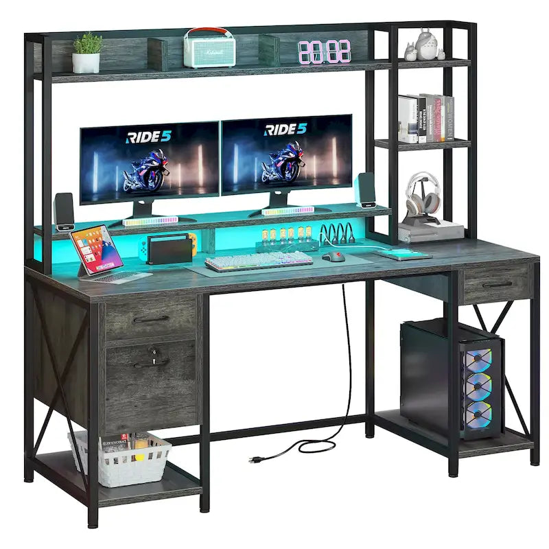 Escritorio gaming de 59 pulgadas con estantería superior, librero, 3 cajones e iluminación LED RGB