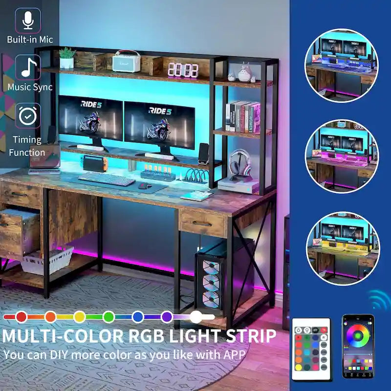 59-Inch Gaming Desk with Hutch, Bookshelf, 3 Drawers and RGB LED Lighting