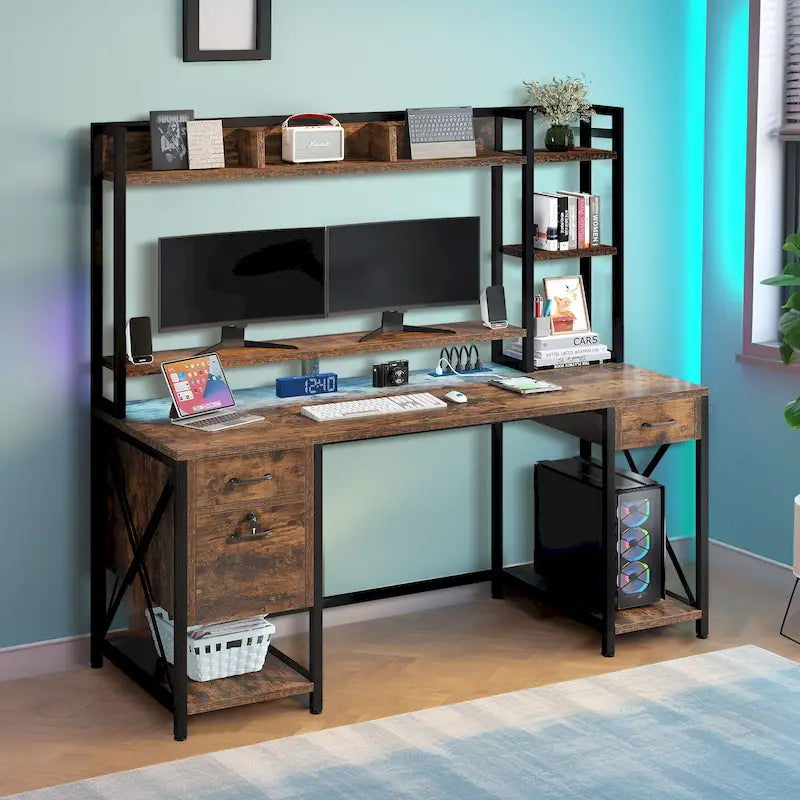 59-Inch Gaming Desk with Hutch, Bookshelf, 3 Drawers and RGB LED Lighting