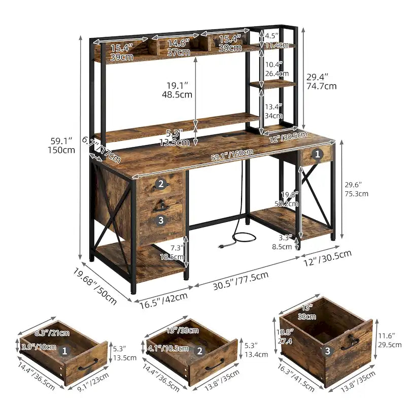 59-Inch Gaming Desk with Hutch, Bookshelf, 3 Drawers and RGB LED Lighting