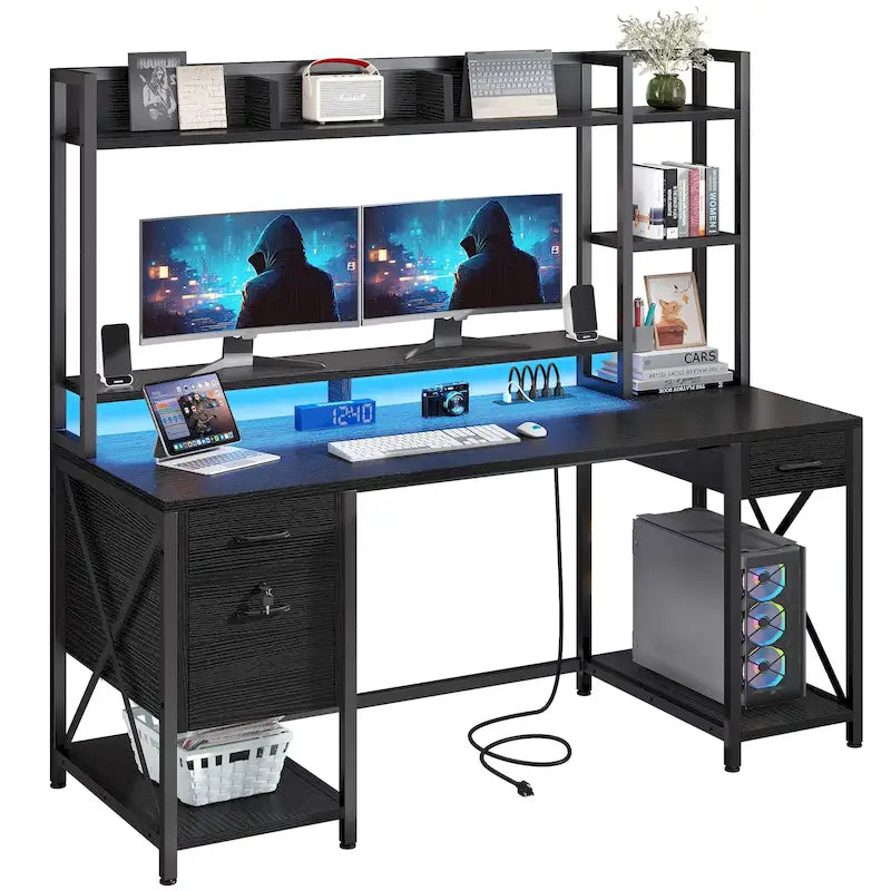 59-Inch Gaming Desk with Hutch, Bookshelf, 3 Drawers and RGB LED Lighting