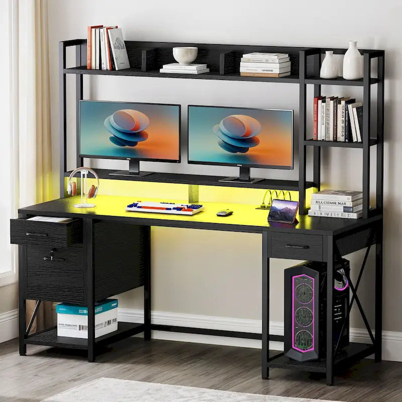 59-Inch Gaming Desk with Hutch, Bookshelf, 3 Drawers and RGB LED Lighting