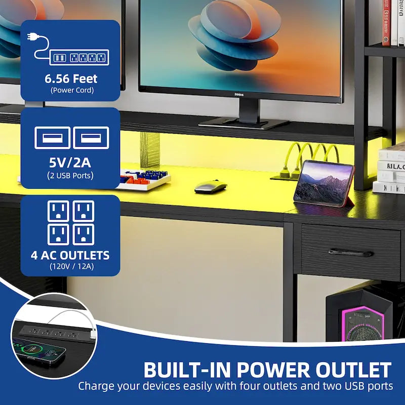 59-Inch Gaming Desk with Hutch, Bookshelf, 3 Drawers and RGB LED Lighting