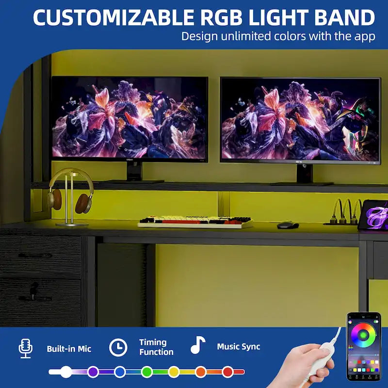 59-Inch Gaming Desk with Hutch, Bookshelf, 3 Drawers and RGB LED Lighting