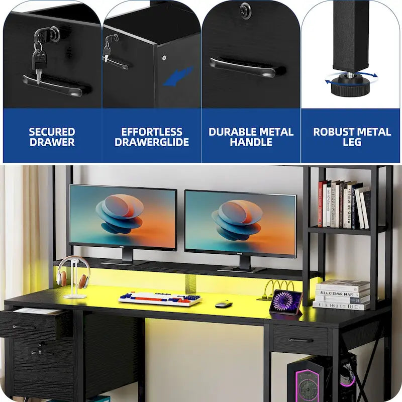 59-Inch Gaming Desk with Hutch, Bookshelf, 3 Drawers and RGB LED Lighting
