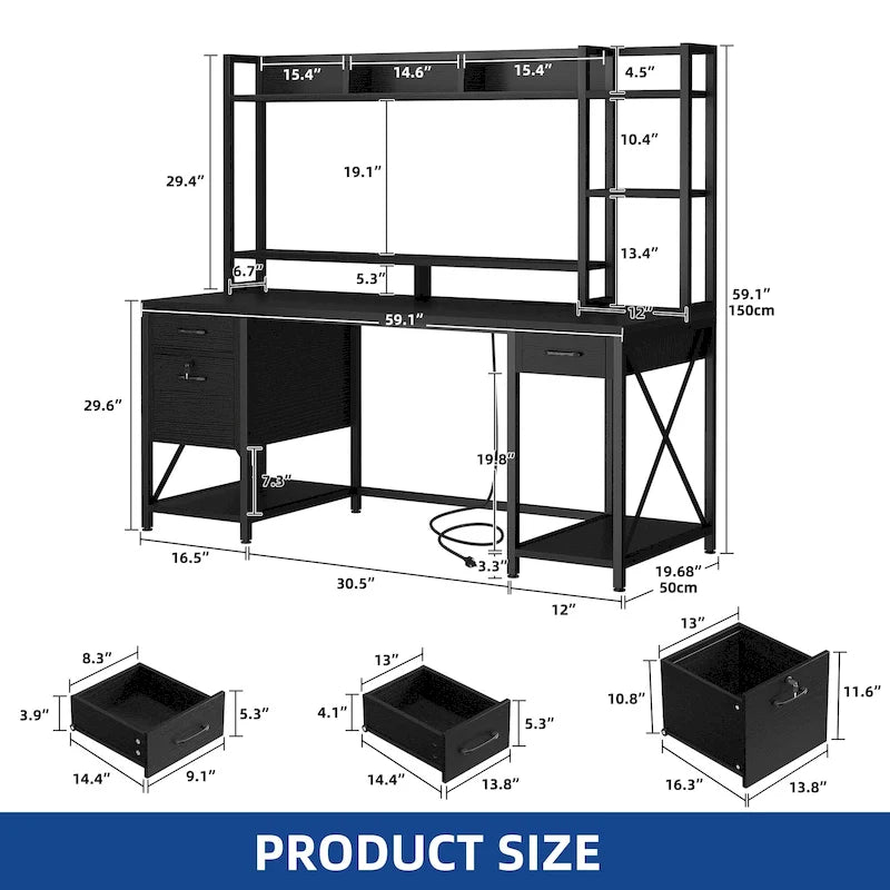 59-Inch Gaming Desk with Hutch, Bookshelf, 3 Drawers and RGB LED Lighting