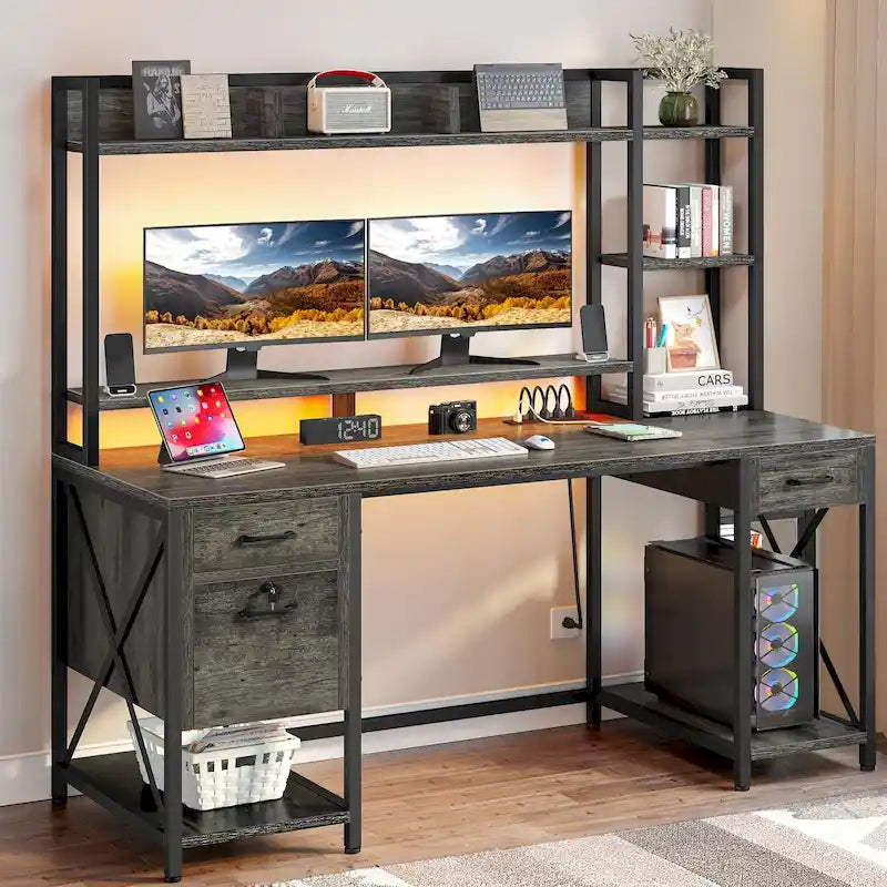 59-Inch Gaming Desk with Hutch, Bookshelf, 3 Drawers and RGB LED Lighting
