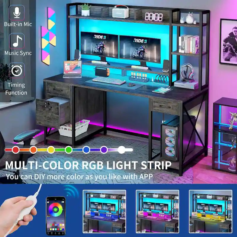 59-Inch Gaming Desk with Hutch, Bookshelf, 3 Drawers and RGB LED Lighting