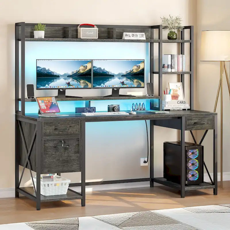 59-Inch Gaming Desk with Hutch, Bookshelf, 3 Drawers and RGB LED Lighting