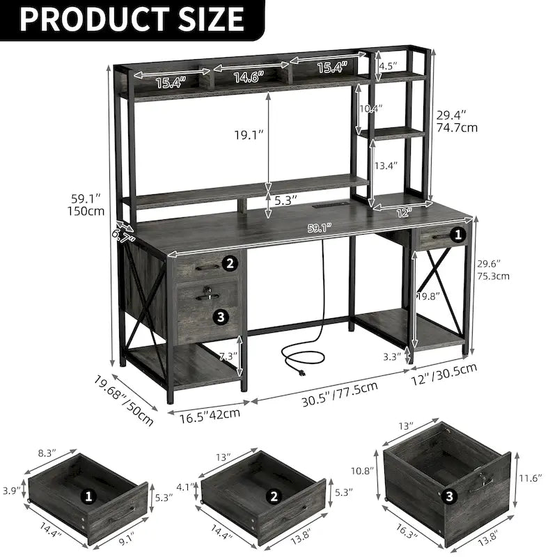 59-Inch Gaming Desk with Hutch, Bookshelf, 3 Drawers and RGB LED Lighting