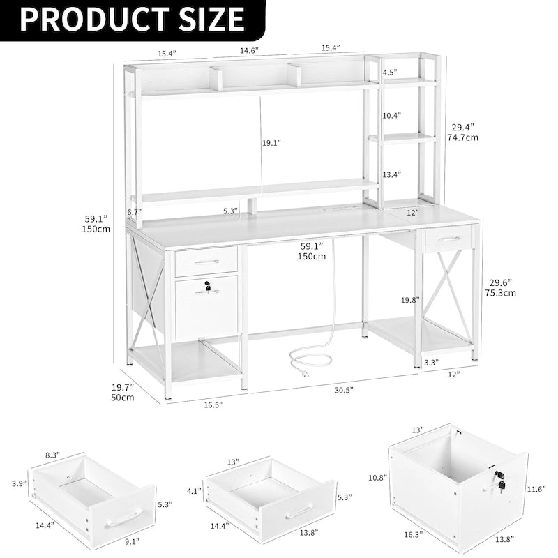 59-Inch Gaming Desk with Hutch, Bookshelf, 3 Drawers and RGB LED Lighting