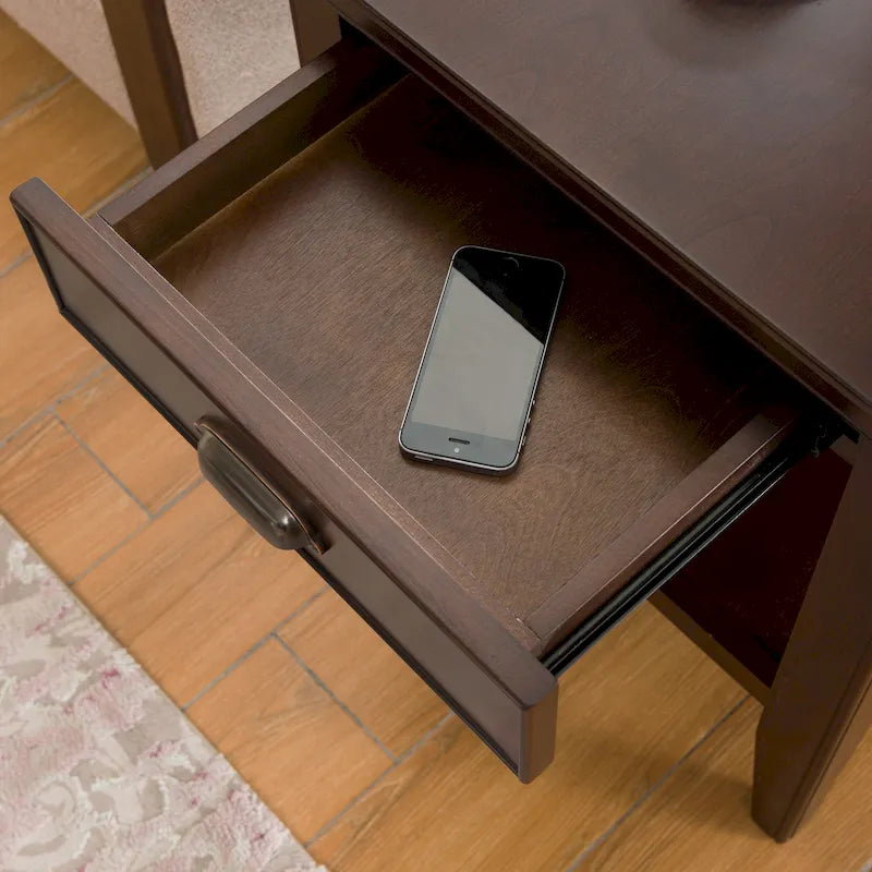 Mesa auxiliar de madera dura maciza con cajón y estante de exhibición