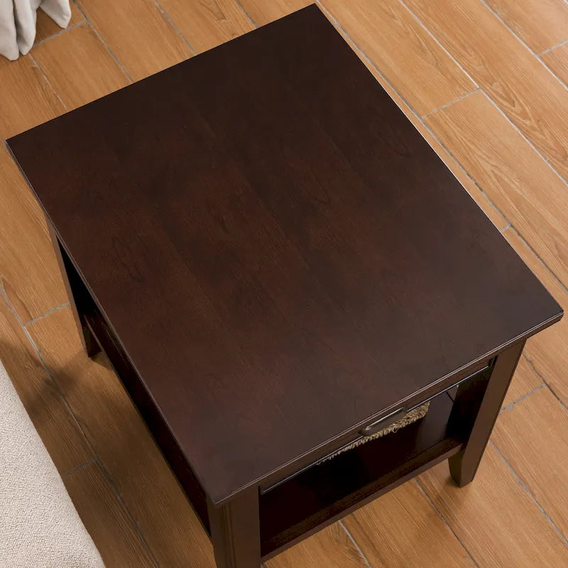 Mesa auxiliar de madera dura maciza con cajón y estante de exhibición
